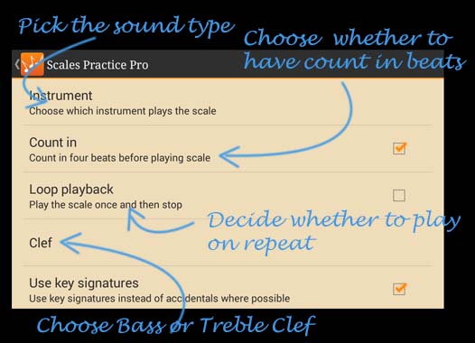 Scales Practice Options Menu